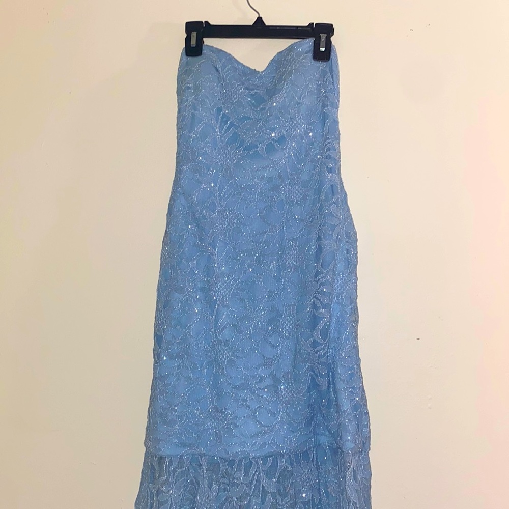 Morgan and Co. light blue lace glitter prom dress